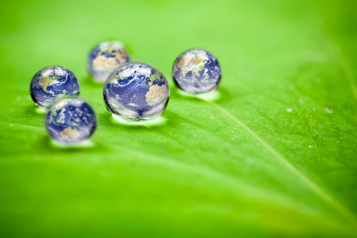 A green leaf with five water drops depicting earth from space